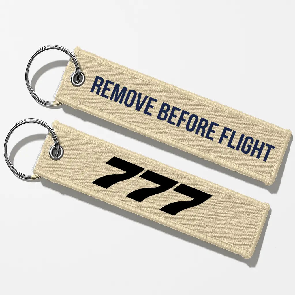 Boeing 777 Flat Text Key Chains - Beige - Remove Before Flight