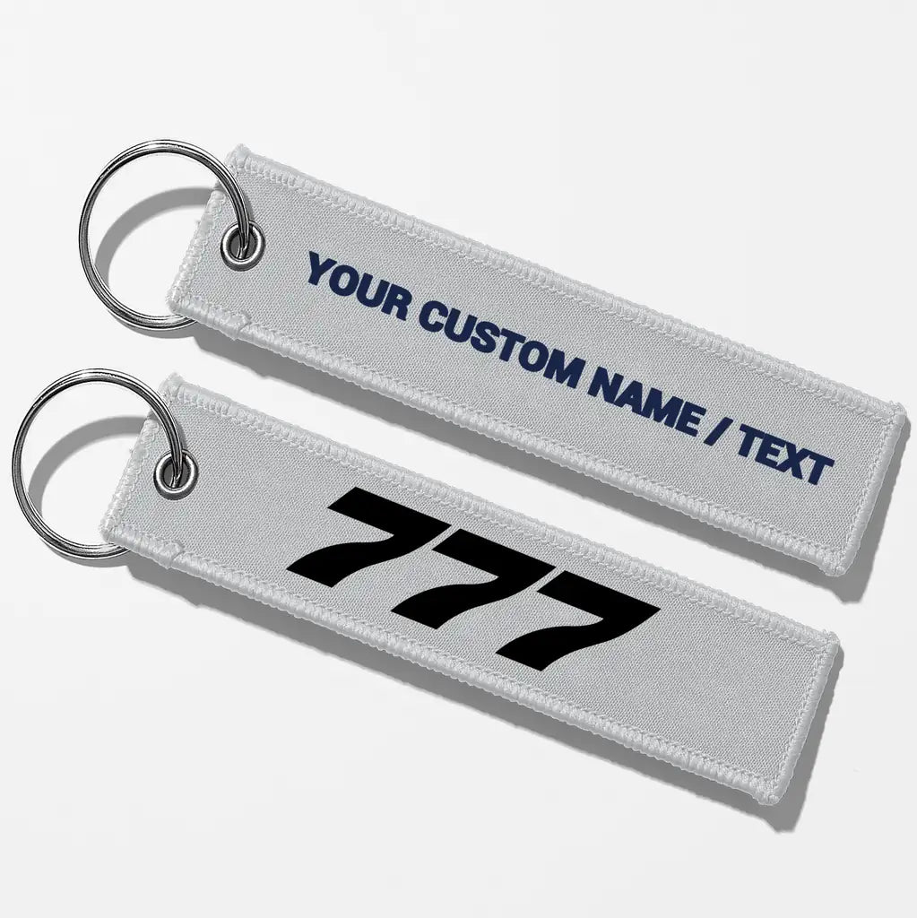Boeing 777 Flat Text Key Chains - Light Gray - Personalized