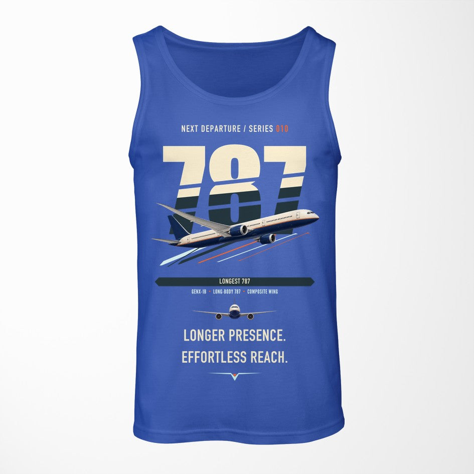 Boeing 787-10 Dreamliner design on blue tank top