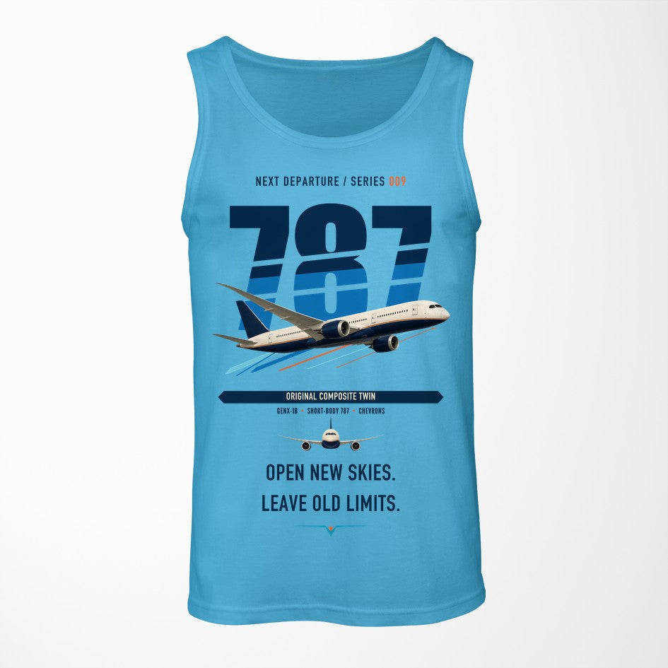 Boeing 787-8 Dreamliner design on sky blue tank top