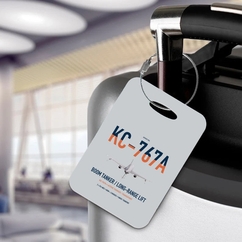 Boeing KC-767A design on light gray acrylic luggage tags, double-side print