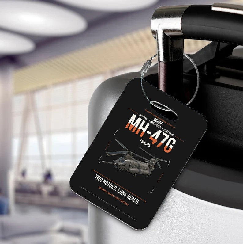 Boeing MH-47G Chinook design on black acrylic luggage tags, double-side print