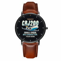 Thumbnail for Bombardier CRJ200 - Cartoon + Name - Slim Leather - Black and Brown Leather Strap