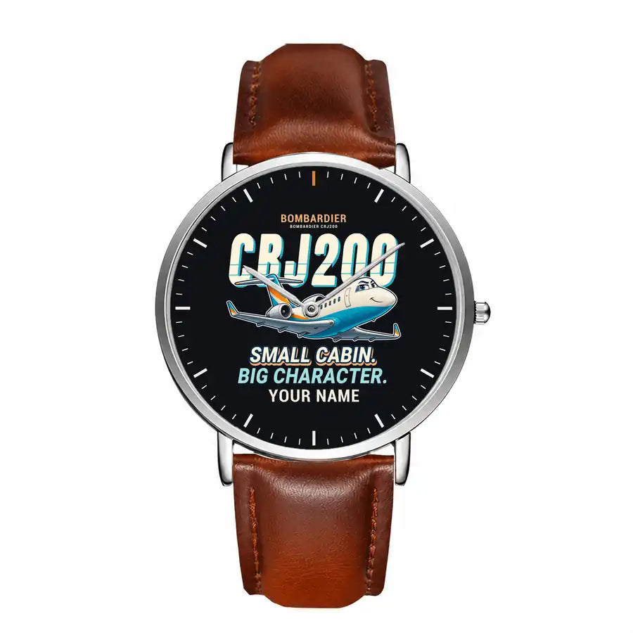 Bombardier CRJ200 - Cartoon + Name - Slim Leather - Silver and Brown Leather Strap