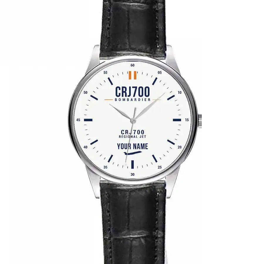 Bombardier CRJ700 - Classic - White + Name - Leather Strap - Striped Black Leather Strap