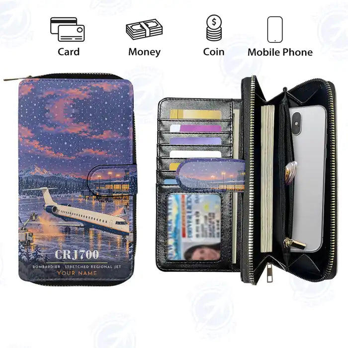 Bombardier CRJ700 Leather Wallets - Zip Long Wallet - 3D + Name