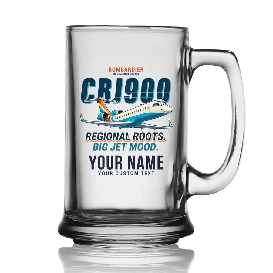 Bombardier CRJ900 - Cartoon + Name - Beer Glass with Holder