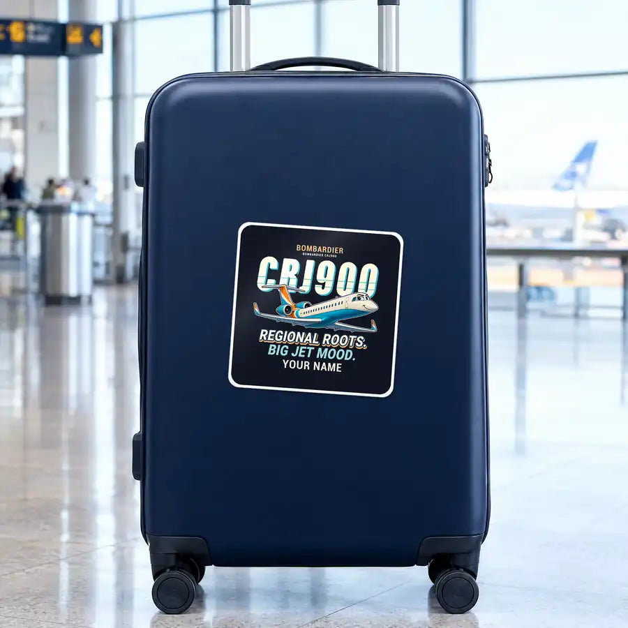 Bombardier CRJ900 - Cartoon + Name - Square Sticker - Suitcase