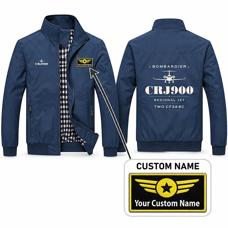 Bombardier CRJ900 Stylish Jackets - Stand Collar - Heritage + Name - Navy Blue