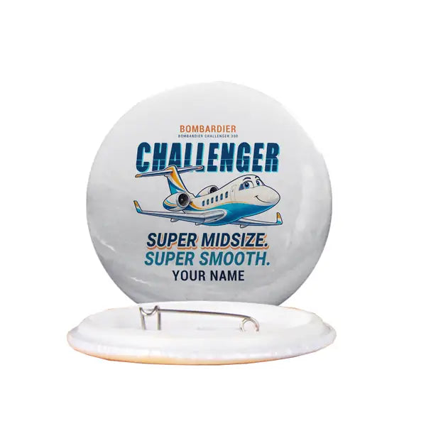 Bombardier Challenger 300 - Cartoon + Name - Pin - White