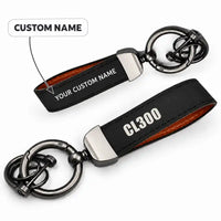 Thumbnail for Bombardier Challenger 300 - Leather Key Chain - Horseshoe Buckle - Tag - Black + Name
