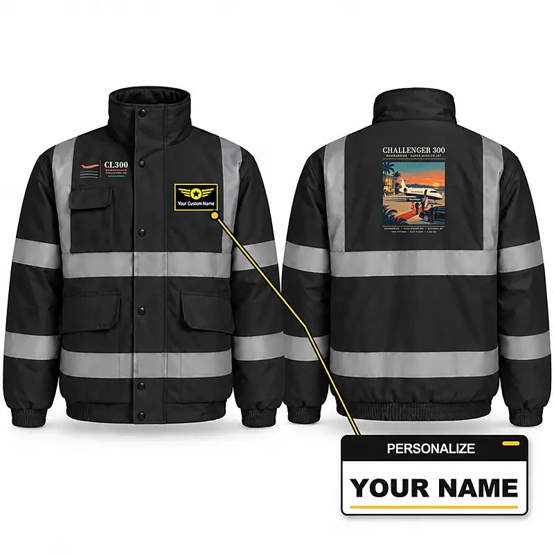 Bombardier Challenger 300 Reflective Winter Jackets - Poster + Name - Black
