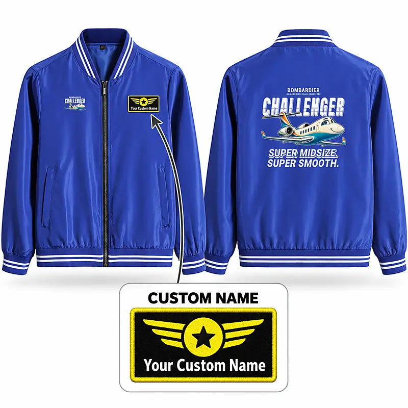 Bombardier Challenger 300 Stylish Jackets - Baseball Collar - Cartoon + Name - Royal Blue