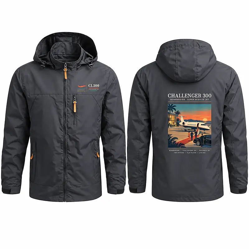 Bombardier Challenger 300 Stylish Jackets - Hooded Windbreaker - Poster - Charcoal
