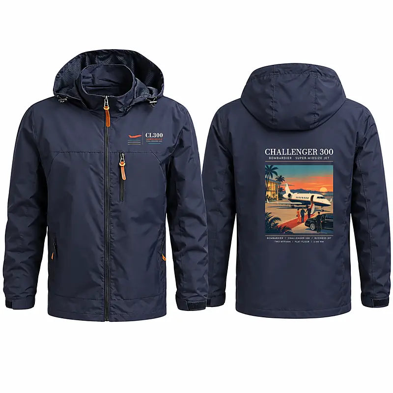 Bombardier Challenger 300 Stylish Jackets - Hooded Windbreaker - Poster - Navy Blue