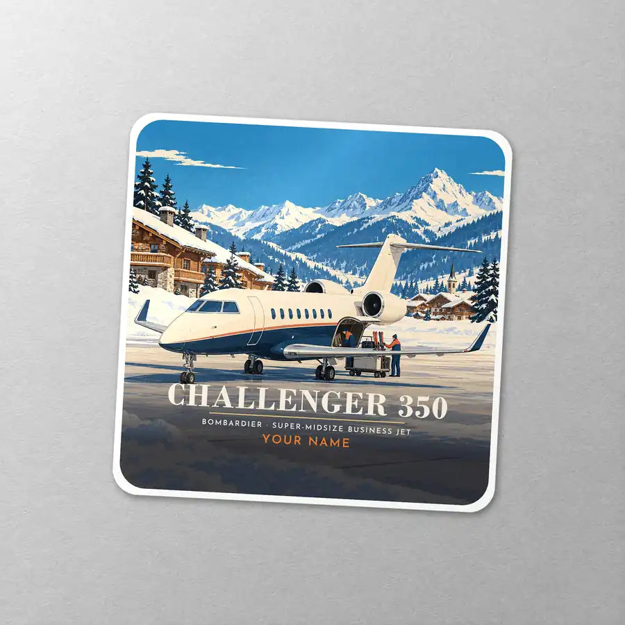 Bombardier Challenger 350 - 3D + Name - Square Sticker - Close-up