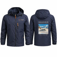 Thumbnail for Bombardier Challenger 350 Stylish Jackets - Hooded Windbreaker - Poster - Navy Blue