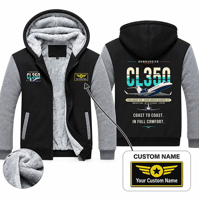 Bombardier Challenger 350 Zipped Sweatshirts - Original + Name - Black & Gray
