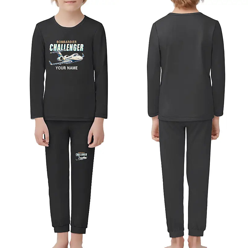 Bombardier Challenger 3500 - Children Pajamas - Cartoon Chest + Name - Black