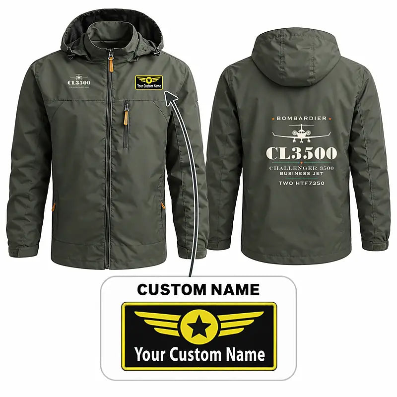 Bombardier Challenger 3500 Stylish Jackets - Hooded Windbreaker - Heritage + Name - Olive Green