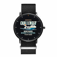 Thumbnail for Bombardier Challenger 600 - Cartoon + Name - Slim Leather - Black and Black Nylon Strap