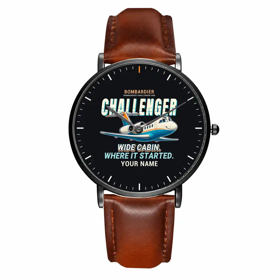 Bombardier Challenger 600 - Cartoon + Name - Slim Leather - Black and Brown Leather Strap