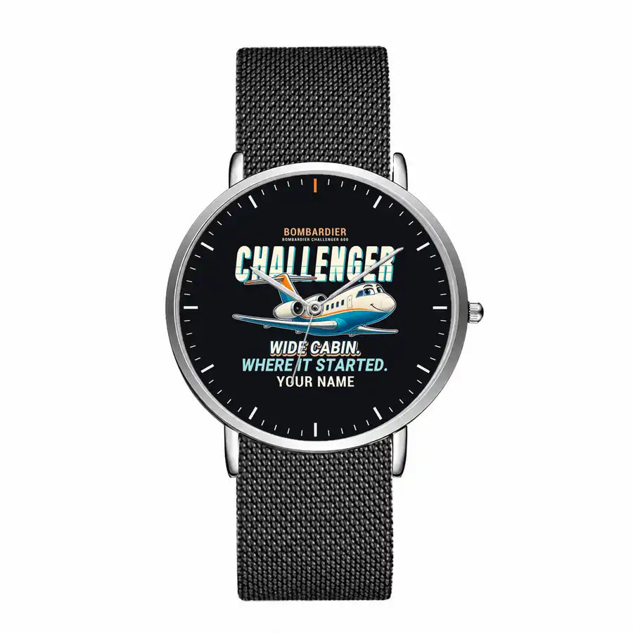 Bombardier Challenger 600 - Cartoon + Name - Slim Mesh - Silver and Black Stainless Steel Strap
