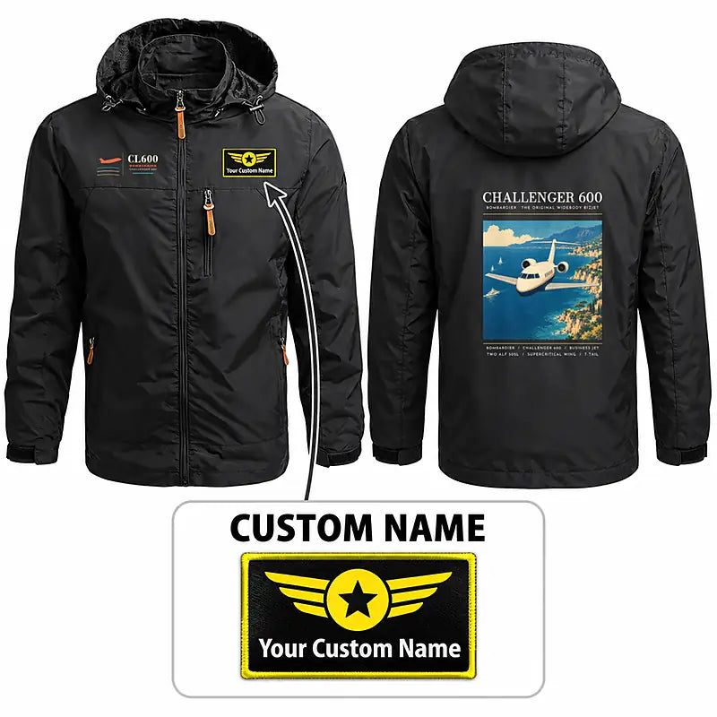 Bombardier Challenger 600 Stylish Jackets - Hooded Windbreaker - Poster + Name - Black