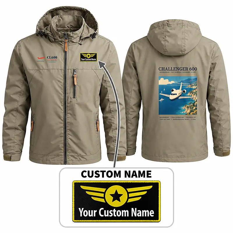 Bombardier Challenger 600 Stylish Jackets - Hooded Windbreaker - Poster + Name - Khaki