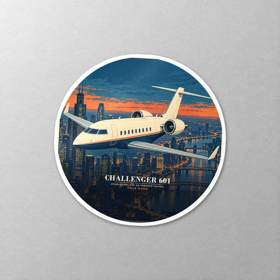 Bombardier Challenger 601 - 3D + Name - Circle Sticker - Close-up