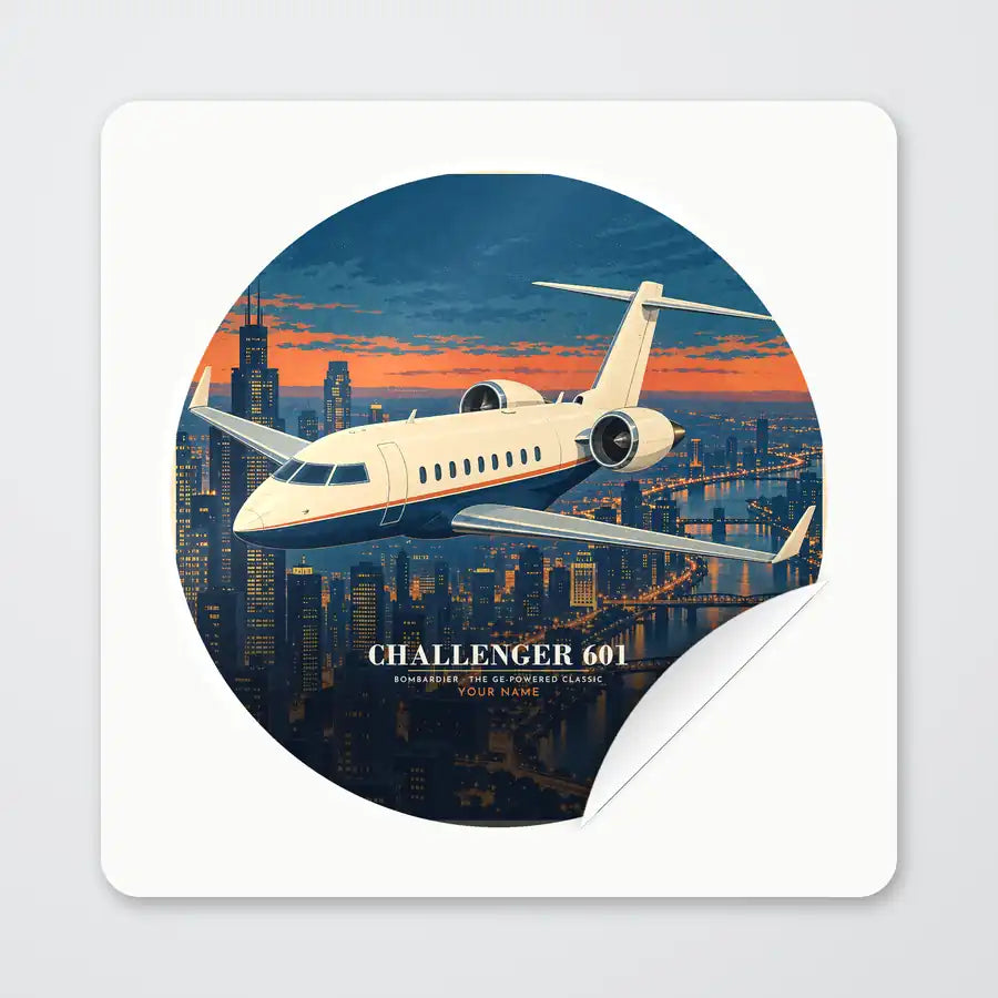 Bombardier Challenger 601 - 3D + Name - Circle Sticker - Peel