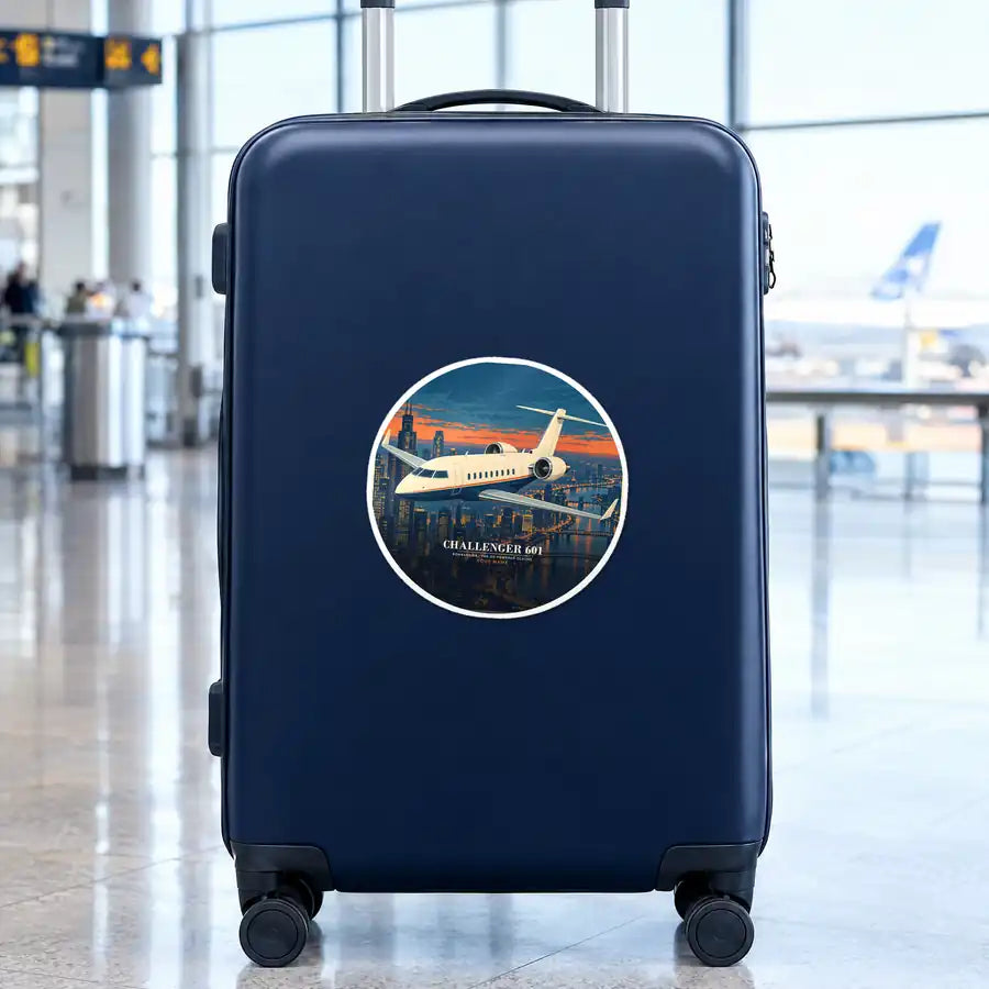 Bombardier Challenger 601 - 3D + Name - Circle Sticker - Suitcase