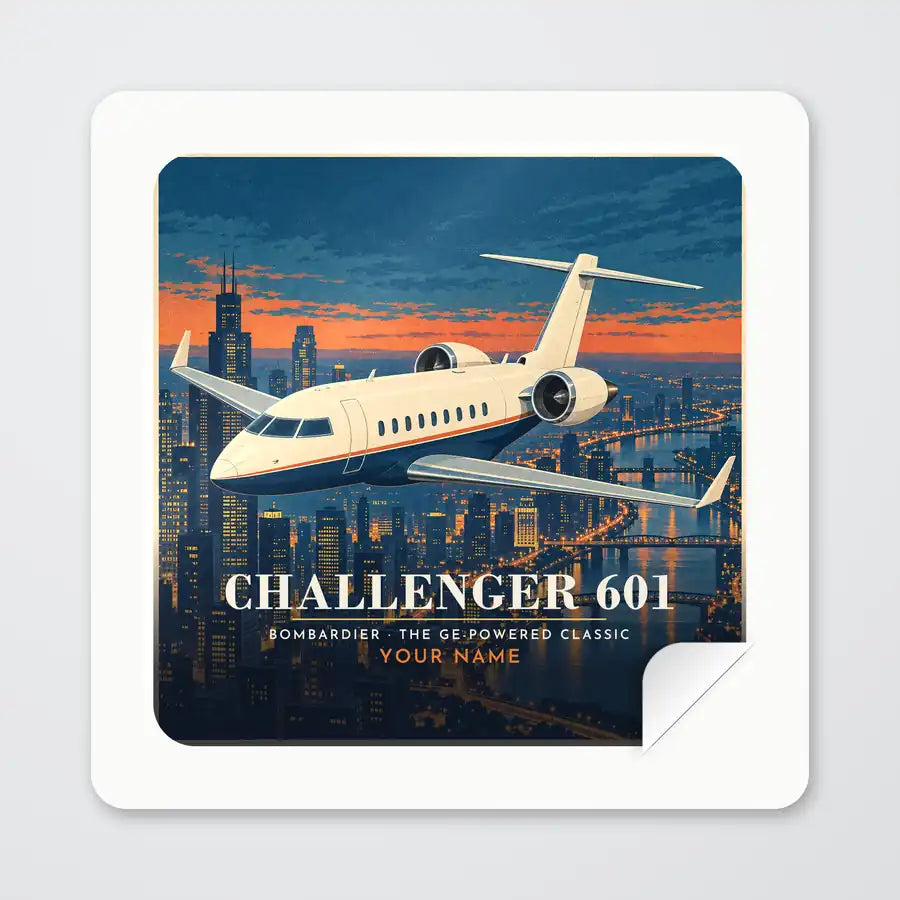 Bombardier Challenger 601 - 3D + Name - Square Sticker - Peel