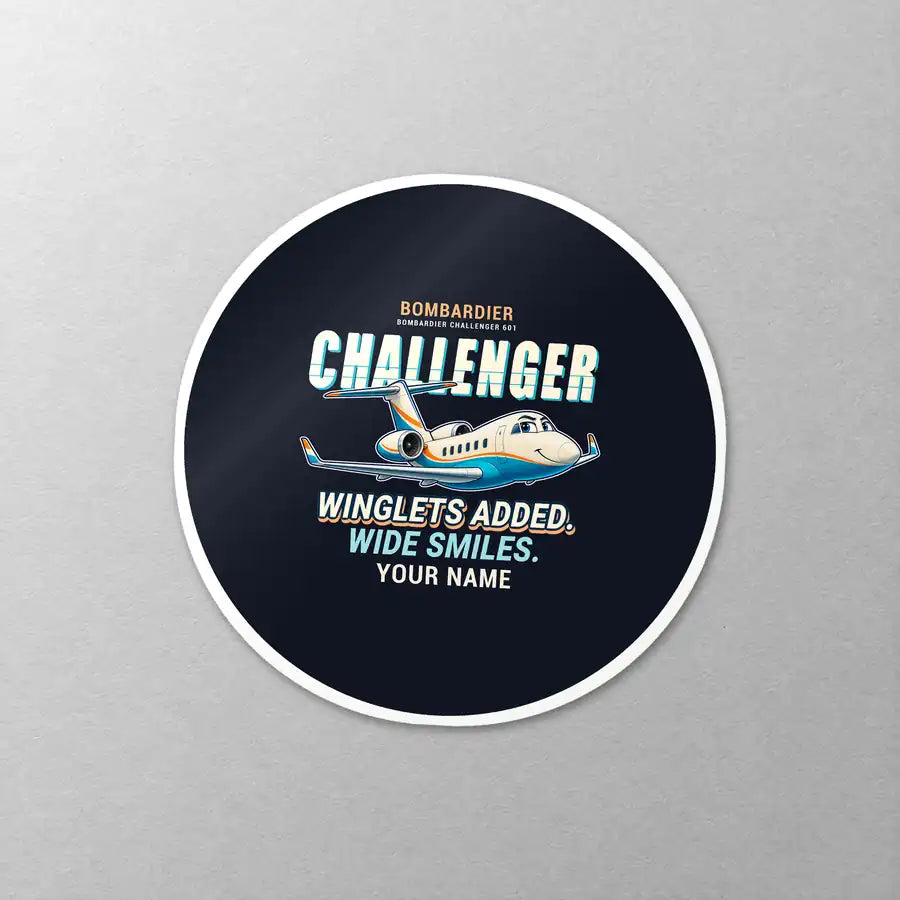 Bombardier Challenger 601 - Cartoon + Name - Circle Sticker - Close-up