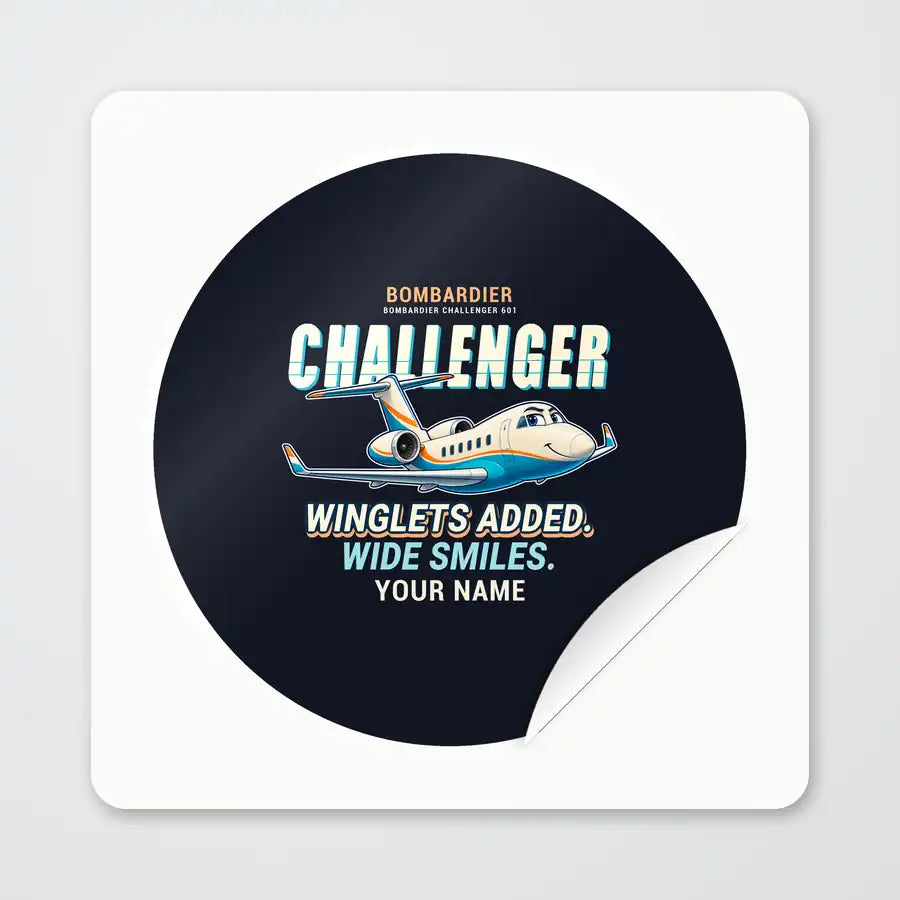 Bombardier Challenger 601 - Cartoon + Name - Circle Sticker - Peel