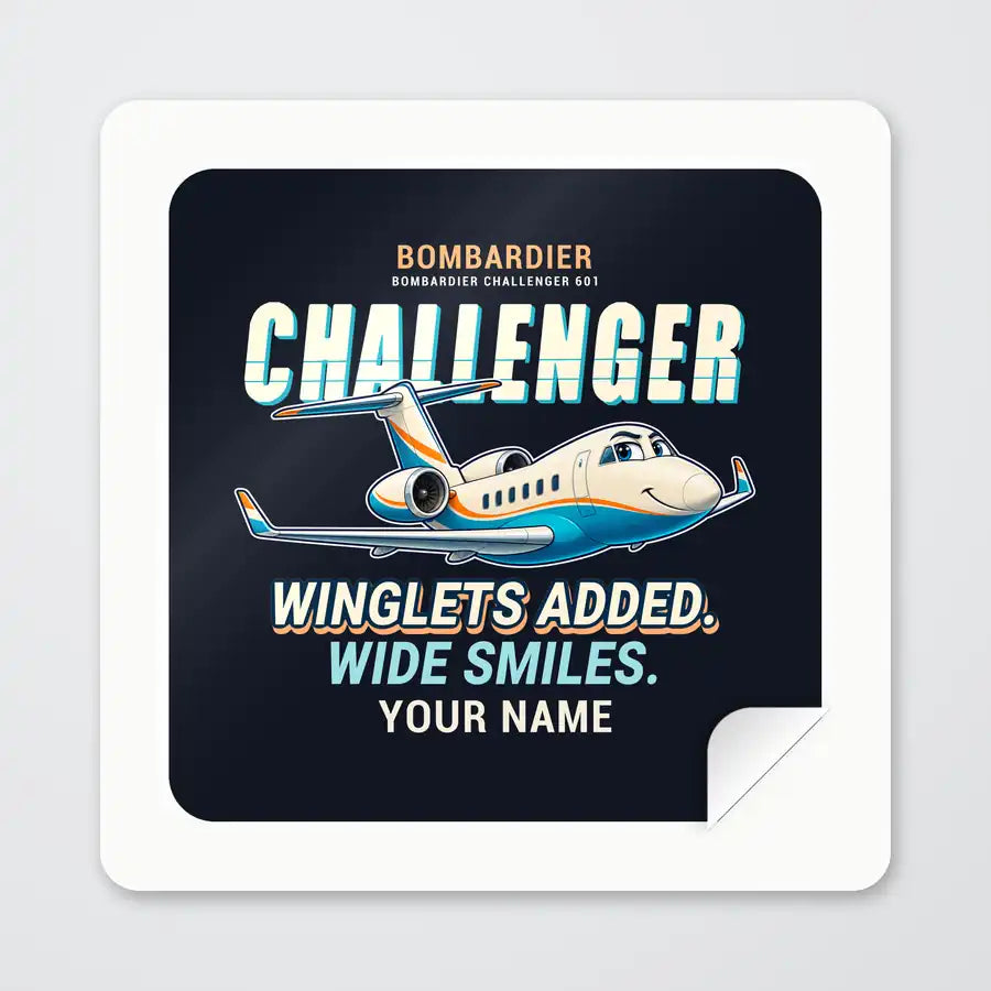 Bombardier Challenger 601 - Cartoon + Name - Square Sticker - Peel