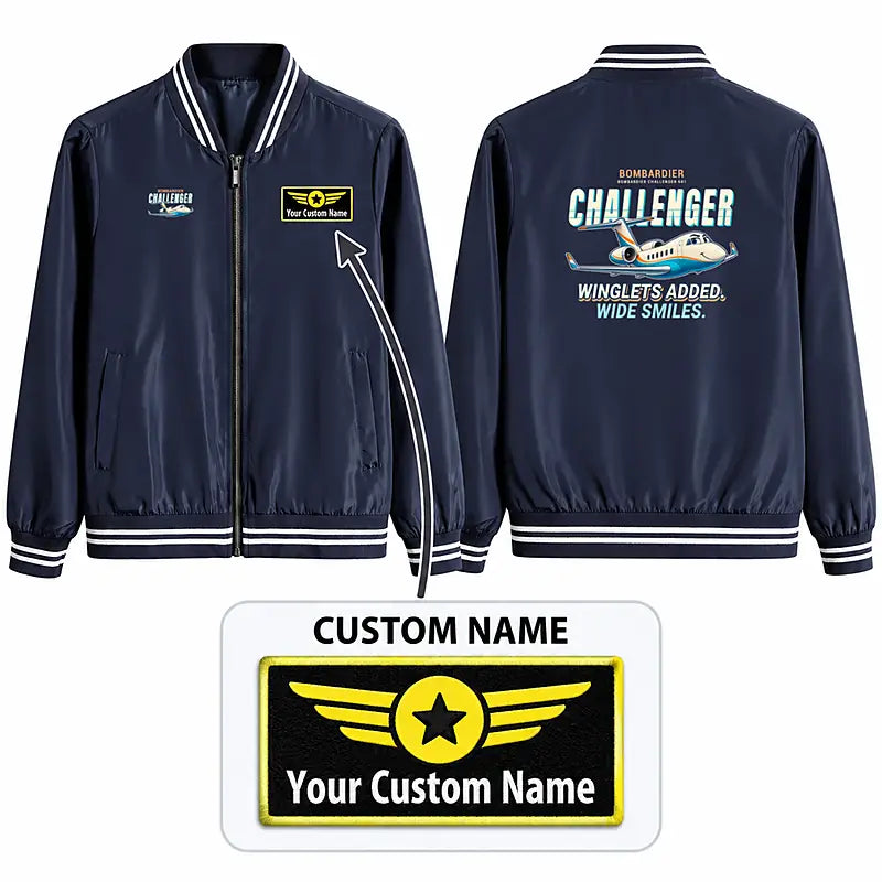 Bombardier Challenger 601 Stylish Jackets - Baseball Collar - Cartoon + Name - Navy Blue