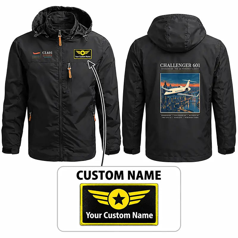 Bombardier Challenger 601 Stylish Jackets - Hooded Windbreaker - Poster + Name - Black