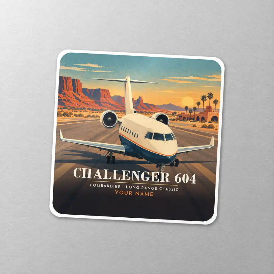 Bombardier Challenger 604 - 3D + Name - Square Sticker - Close-up