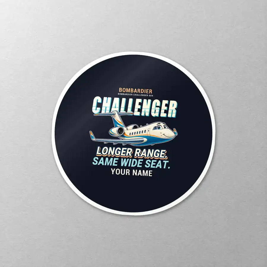 Bombardier Challenger 604 - Cartoon + Name - Circle Sticker - Close-up