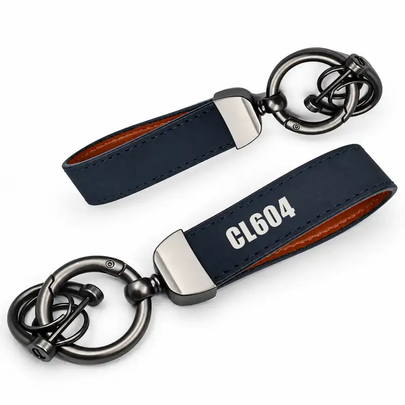 Bombardier Challenger 604 - Leather Key Chain - Horseshoe Buckle - Tag - Navy Blue