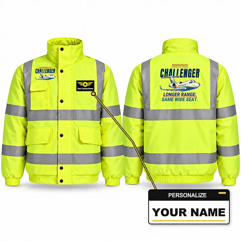 Bombardier Challenger 604 Reflective Winter Jackets - Cartoon + Name - Fluorescent Yellow