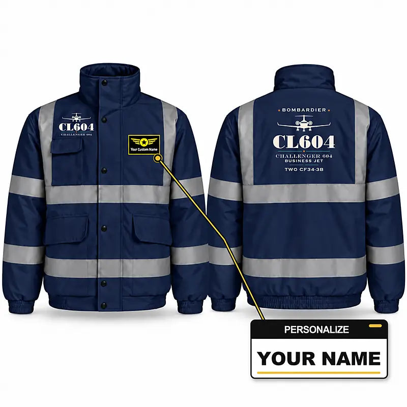 Bombardier Challenger 604 Reflective Winter Jackets - Heritage + Name - Navy Blue