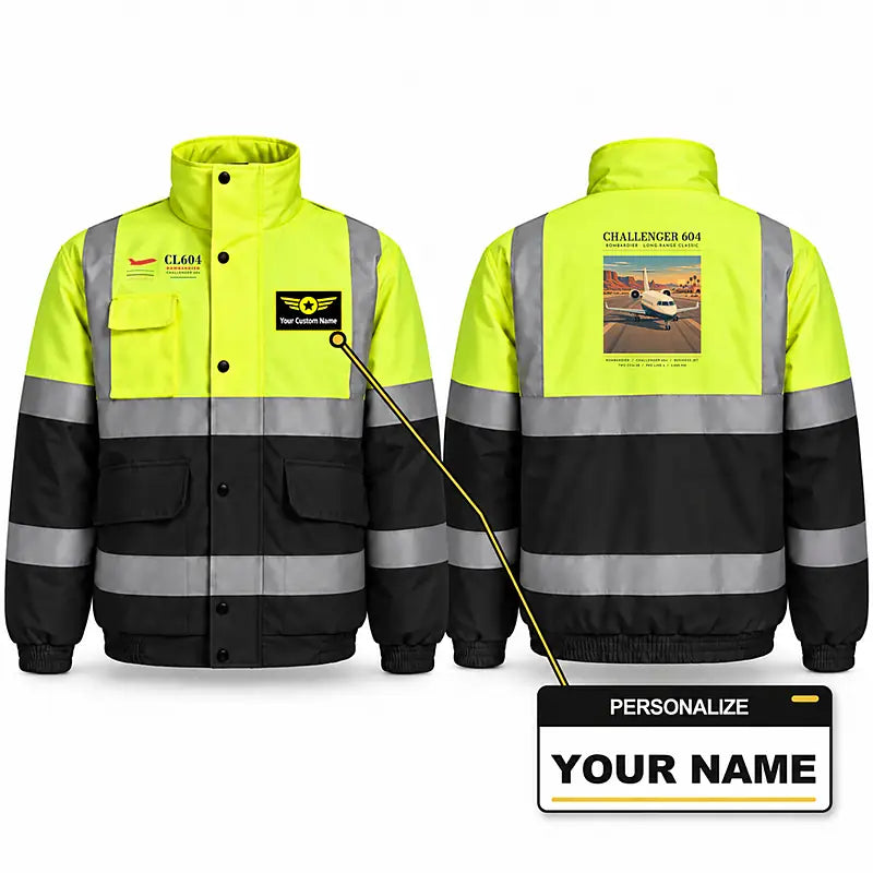 Bombardier Challenger 604 Reflective Winter Jackets - Poster + Name - Fluorescent Yellow & Navy
