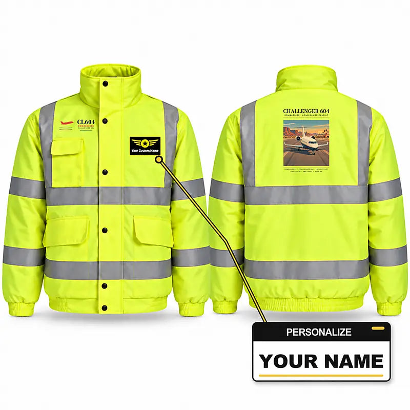 Bombardier Challenger 604 Reflective Winter Jackets - Poster + Name - Fluorescent Yellow