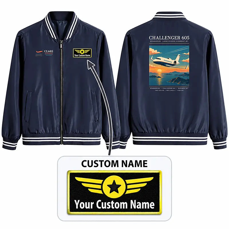 Bombardier Challenger 605 Stylish Jackets - Baseball Collar - Poster + Name - Navy Blue