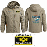Thumbnail for Bombardier Challenger 605 Stylish Jackets - Hooded Windbreaker - Cartoon + Name - Khaki