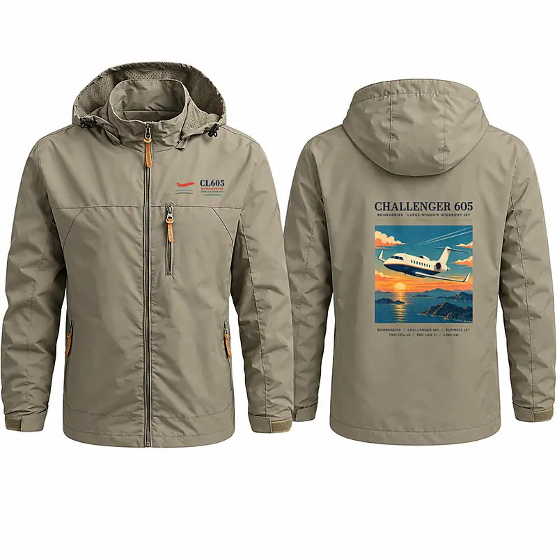 Bombardier Challenger 605 Stylish Jackets - Hooded Windbreaker - Poster - Khaki