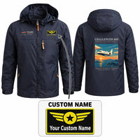 Thumbnail for Bombardier Challenger 605 Stylish Jackets - Hooded Windbreaker - Poster + Name - Navy Blue