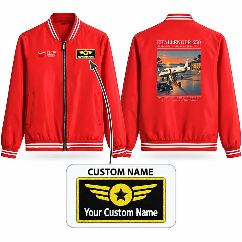 Bombardier Challenger 650 Stylish Jackets - Baseball Collar - Poster + Name - Red